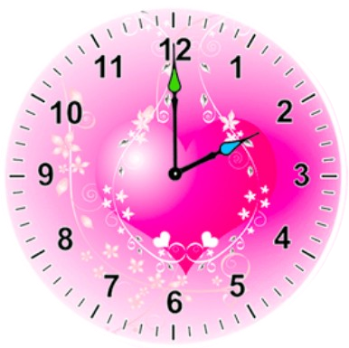 A pink clock with hearts and flowers on it.